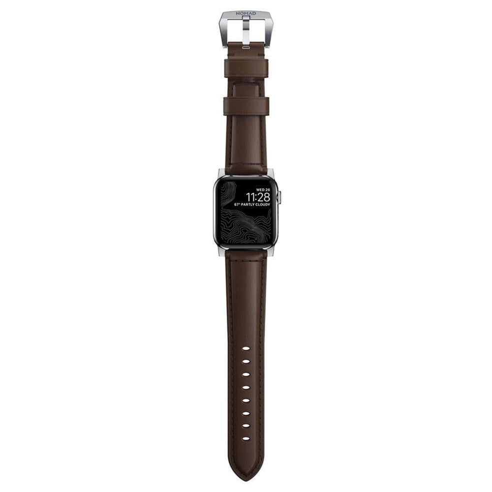 Nomad Apple Watch (42/44/SE/45/46/49 mm) Tradisjonell Horween-båndstropp – rustikk brun/sølv maskinvare