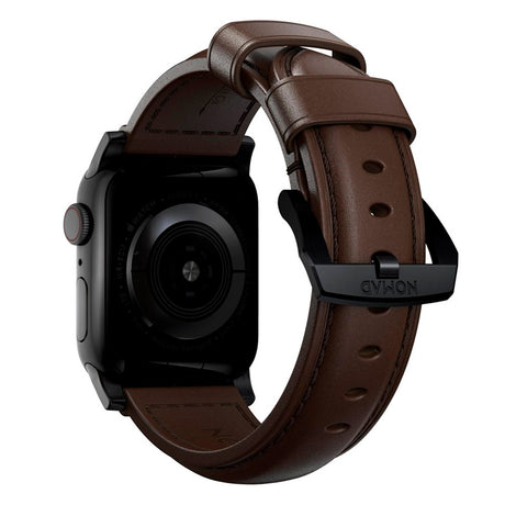 Nomad Apple Watch (42/44/SE/45/46/49 mm) Tradisjonell Horween-båndstropp - rustikk brun / svart maskinvare