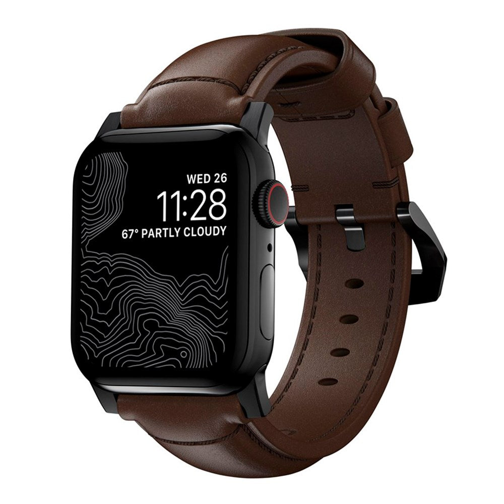 Nomad Apple Watch (42/44/SE/45/46/49 mm) Tradisjonell Horween-båndstropp - rustikk brun / svart maskinvare