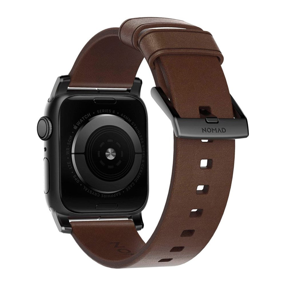 Nomad Apple Watch (42/44/SE/45/46/49 mm) moderne Horween-båndstropp - rustikk brun / svart maskinvare