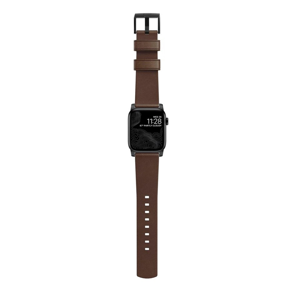 Nomad Apple Watch (42/44/SE/45/46/49 mm) moderne Horween-båndstropp - rustikk brun / svart maskinvare