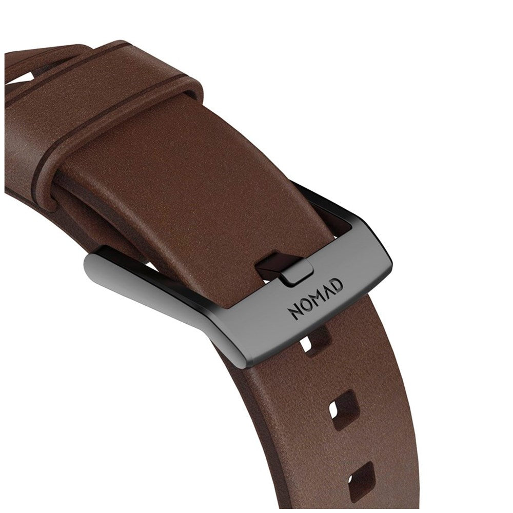 Nomad Apple Watch (42/44/SE/45/46/49 mm) moderne Horween-båndstropp - rustikk brun / svart maskinvare