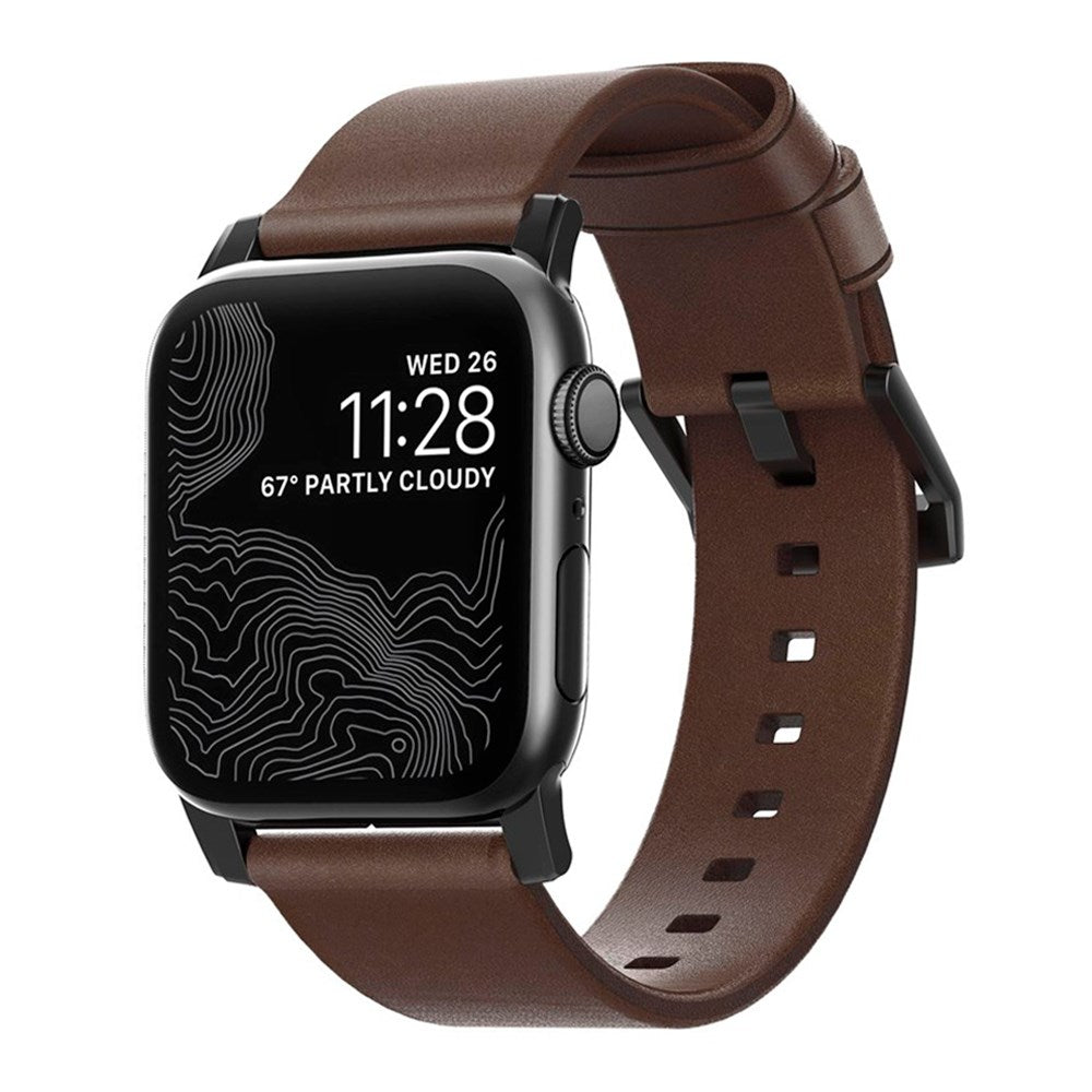 Nomad Apple Watch (42/44/SE/45/46/49 mm) moderne Horween-båndstropp - rustikk brun / svart maskinvare