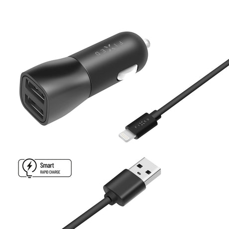 Fast dobbel billader 15W m. 2 x USB-A og 1 x USB-A til Lightning-kabel - Svart