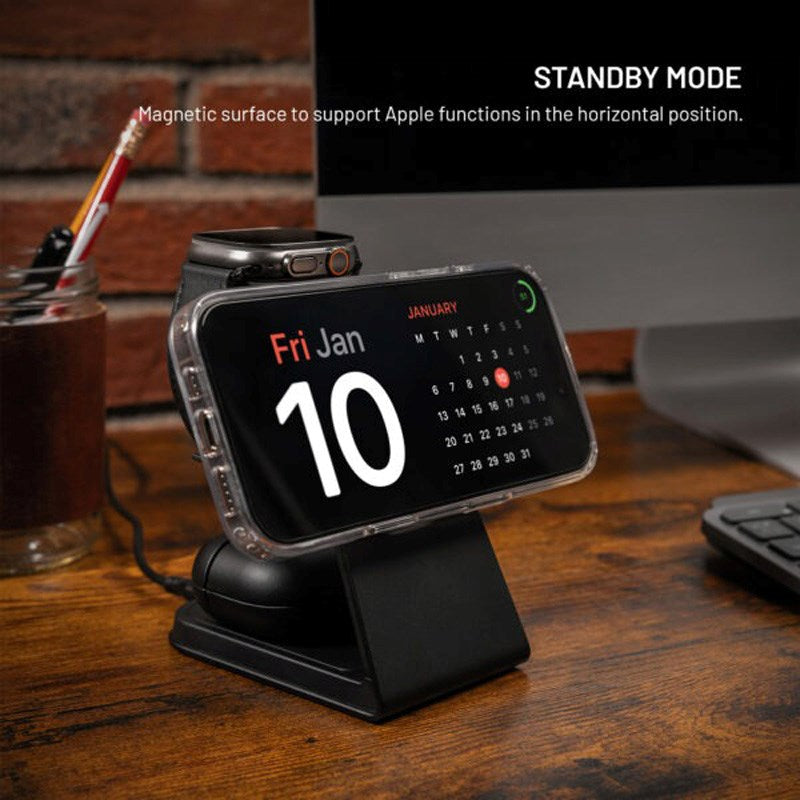 FIxed 3-i-1 Trådløs Opladningsdock 15W til Smartphone / Apple Watch / AirPods - Sort