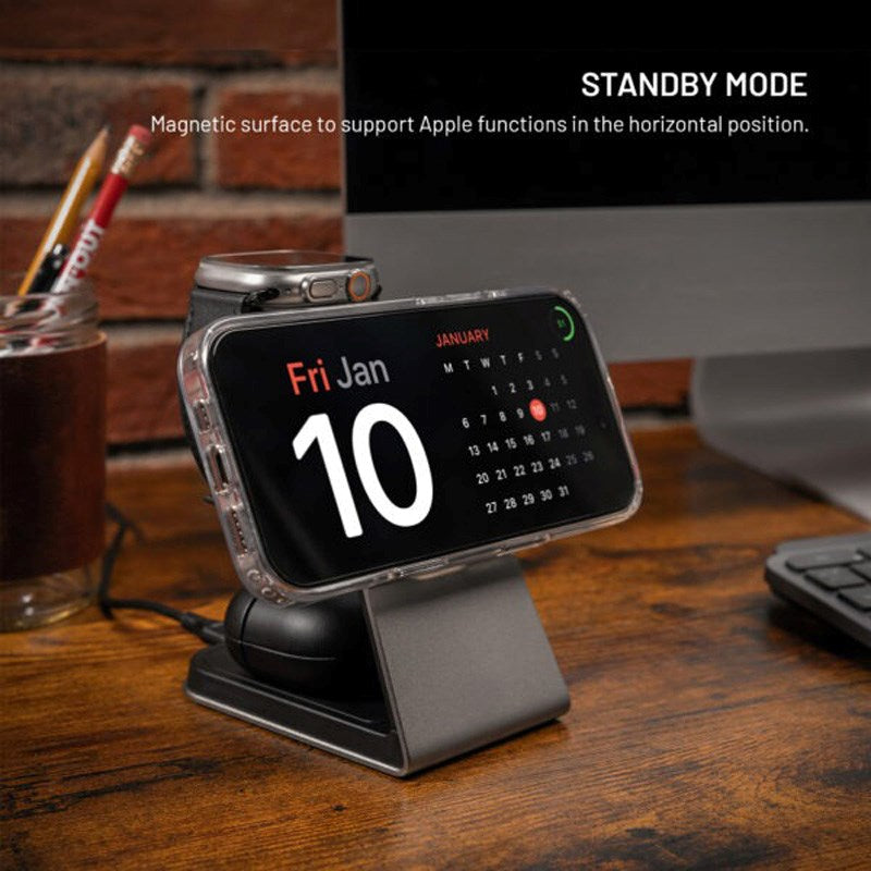 FIxed 3-i-1 Trådløs Opladningsdock 15W til Smartphone / Apple Watch / AirPods - Titanium