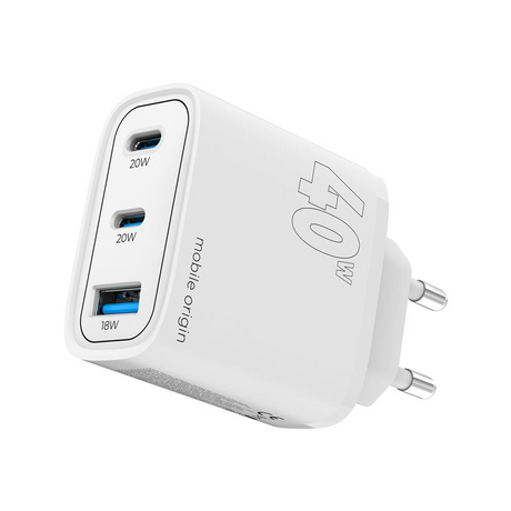 Mobil Origin GaN 40W Vegglader USB-A + 2 USB-C - Hvit