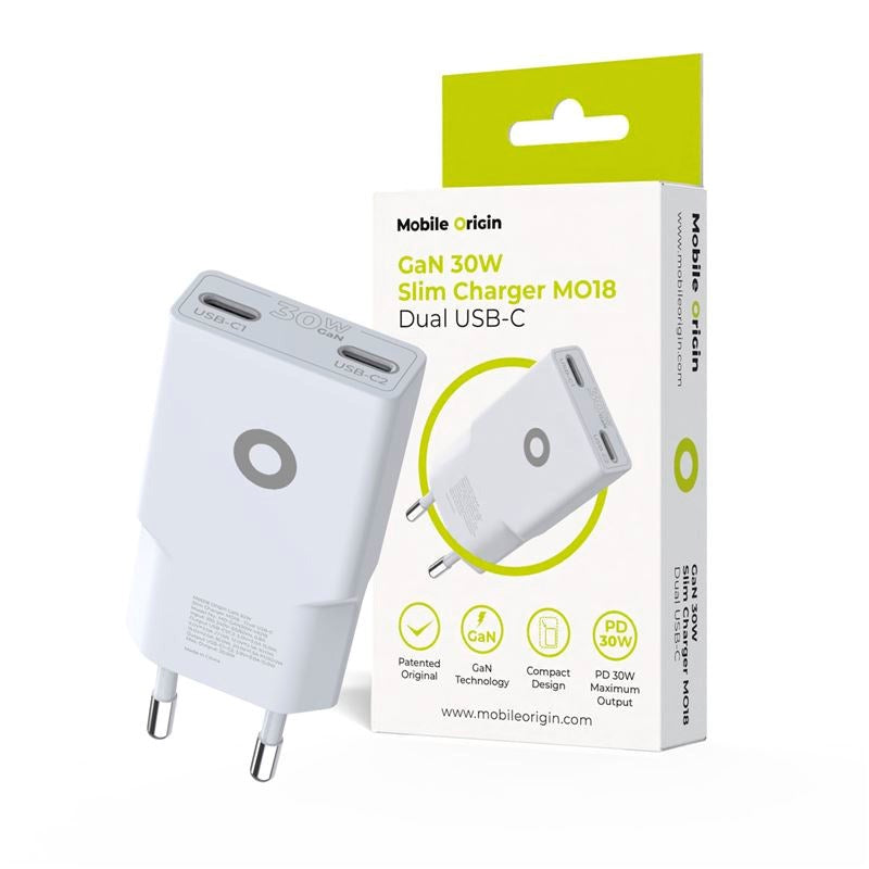 Mobile Origin - MO18 30W Slim Vægoplader m. 2x USB-C - Hvid