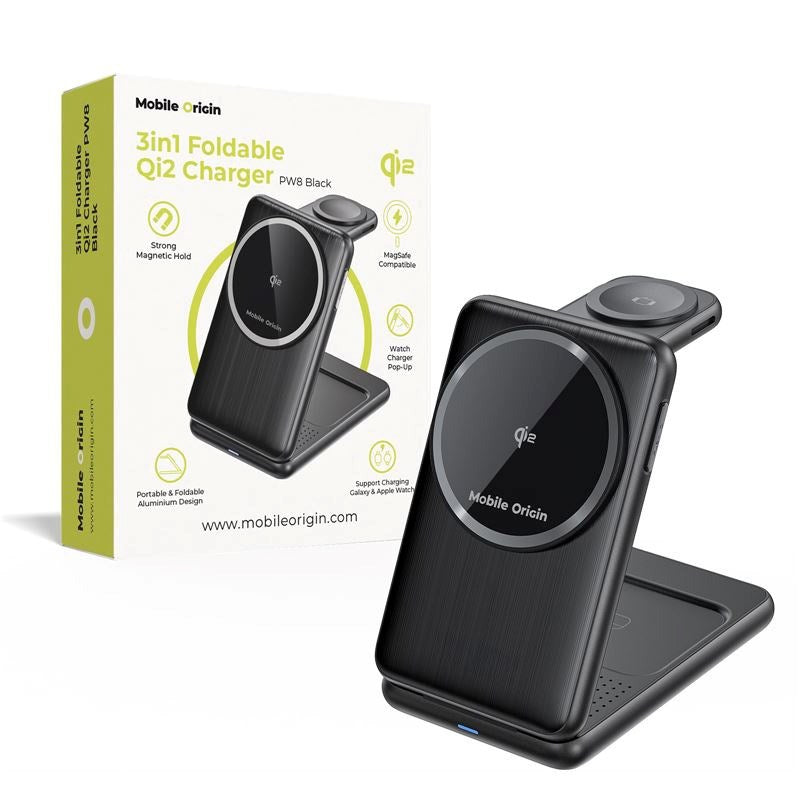 Mobile Origin Qi2 3-i-1 Multifunktionel Foldbar Trådløs Oplader - Sort