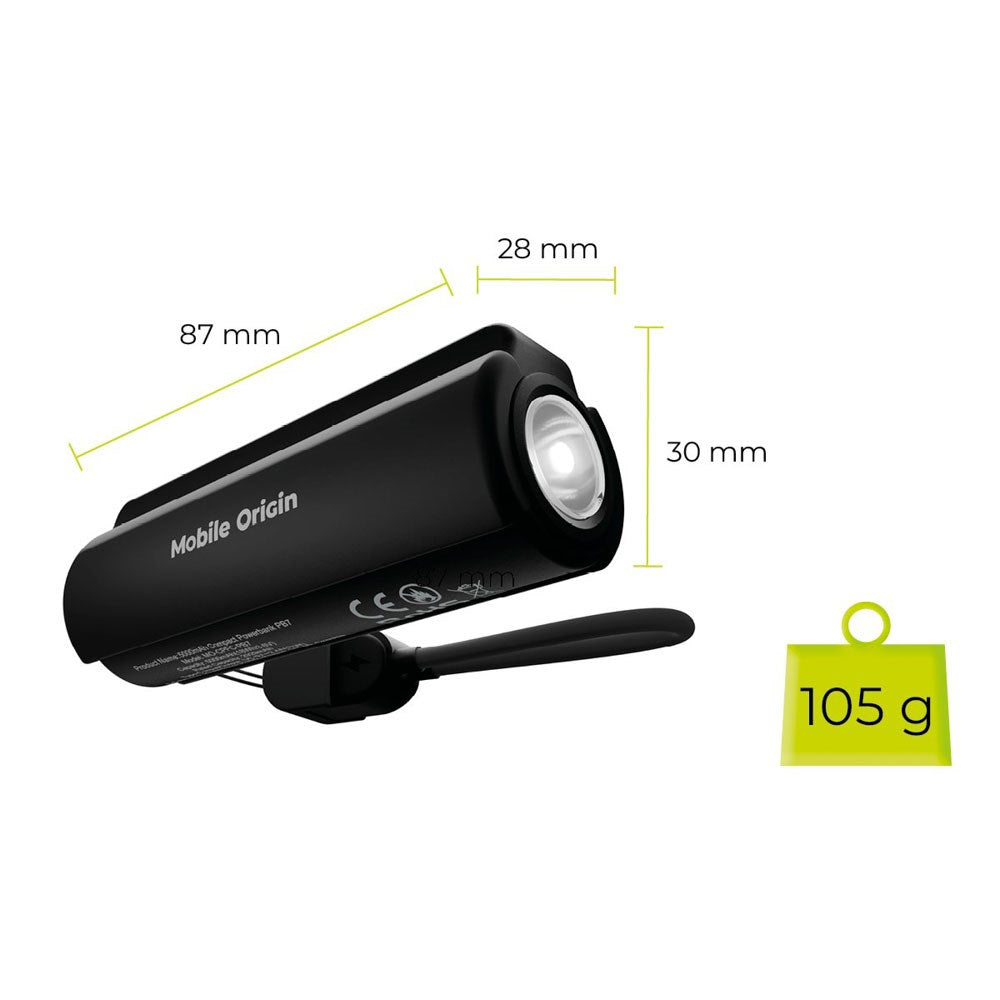 Mobile Origin Kompakt PowerBank - Lommelygte & USB-C Kabel -  5000 mAh - Sort