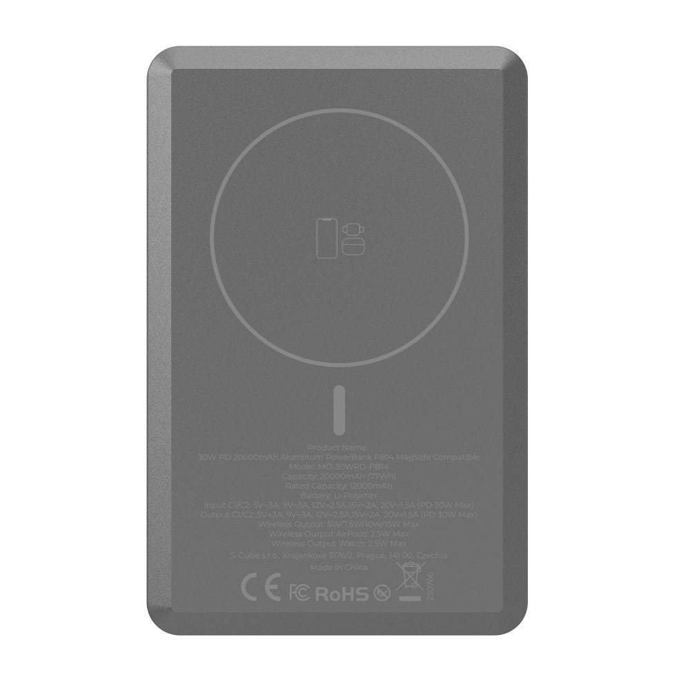 Mobile Origin 20.000mAh Powerbank - 30W - USB-C - Trådløs Opladning - MagSafe Kompatibel - Grå