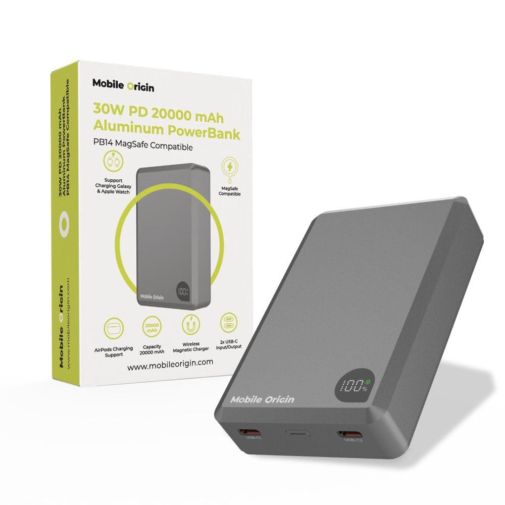 Mobile Origin 20.000mAh Powerbank - 30W - USB-C - Trådløs Opladning - MagSafe Kompatibel - Grå
