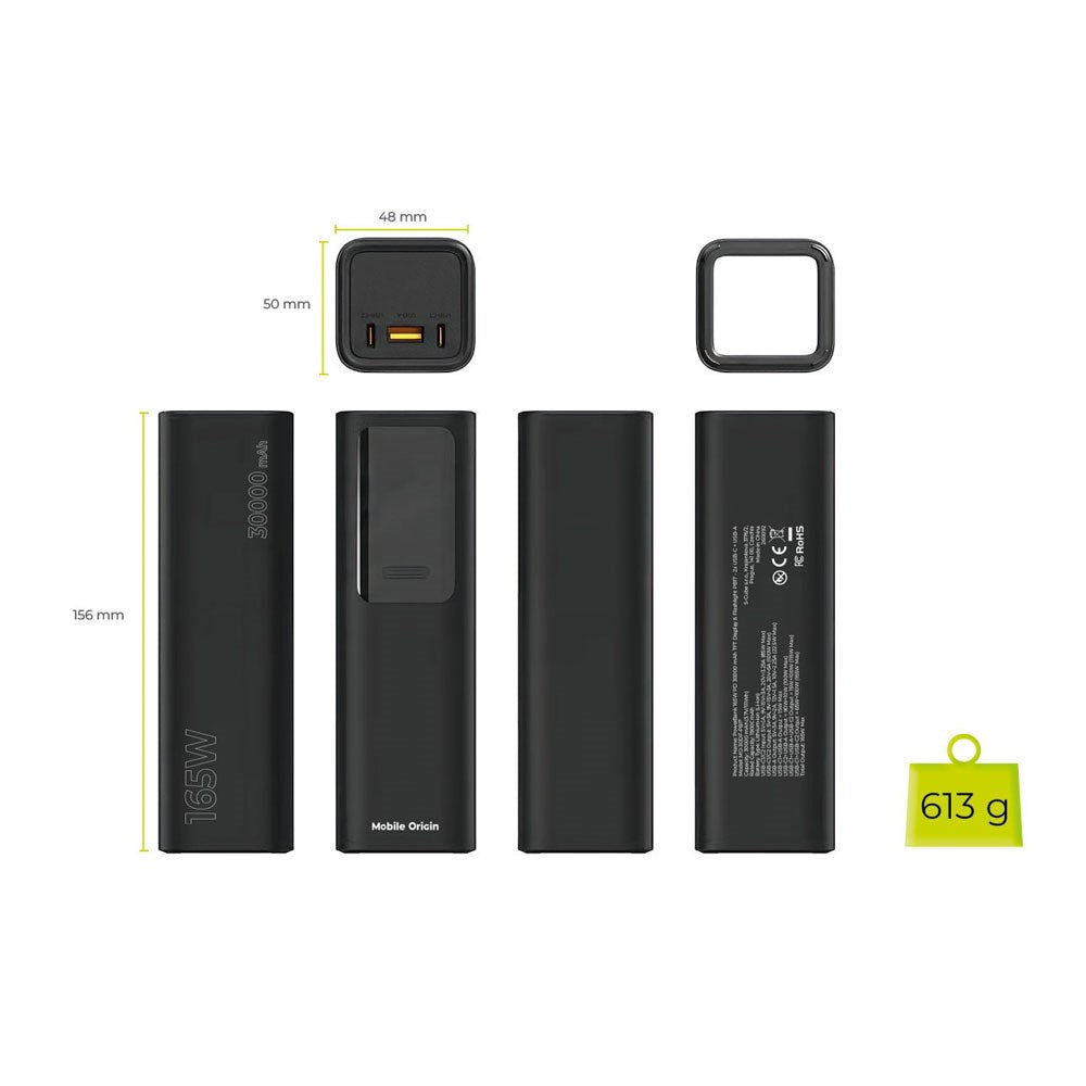 Mobile Origin PowerBank m. Display & Lommelygte - 2x USB-C & 1x USB-A - 30.000 mAh / 165W - Sort