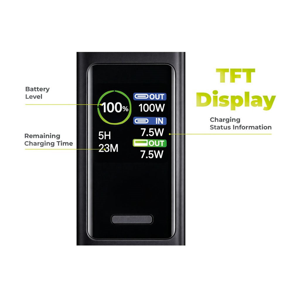 Mobile Origin PowerBank m. Display & Lommelygte - 2x USB-C & 1x USB-A - 30.000 mAh / 165W - Sort