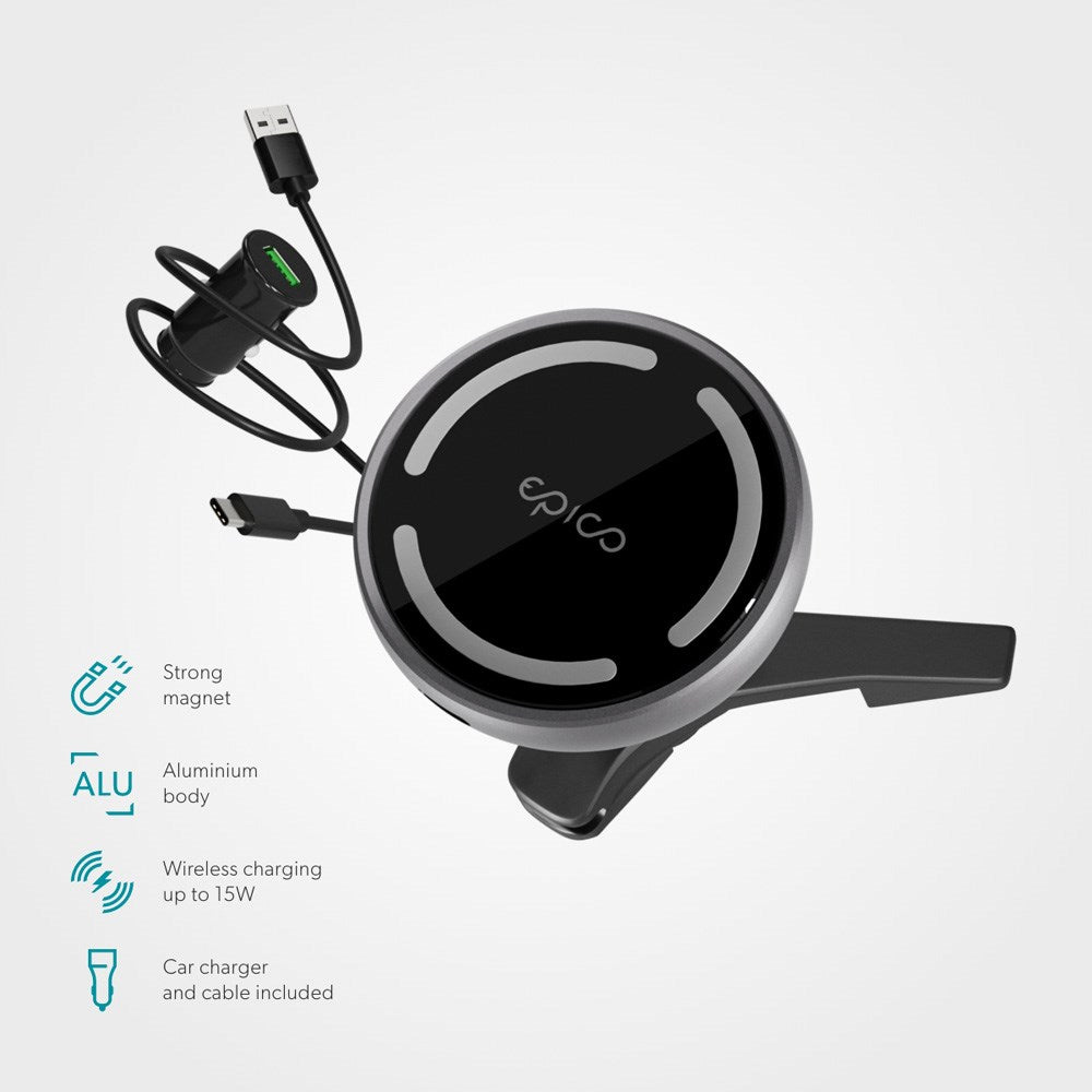 Epico magnetisk billader m. 15W trådløs lading - MagSafe-kompatibel - Svart