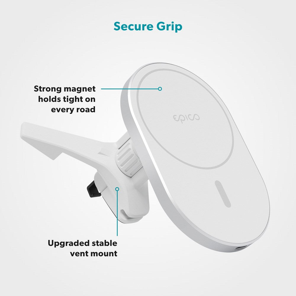 Epico Magnetisk Mobilholder til Bil m. 15W Trådløs Opladning & 18W Biloplader - MagSafe Kompatibel - Hvid