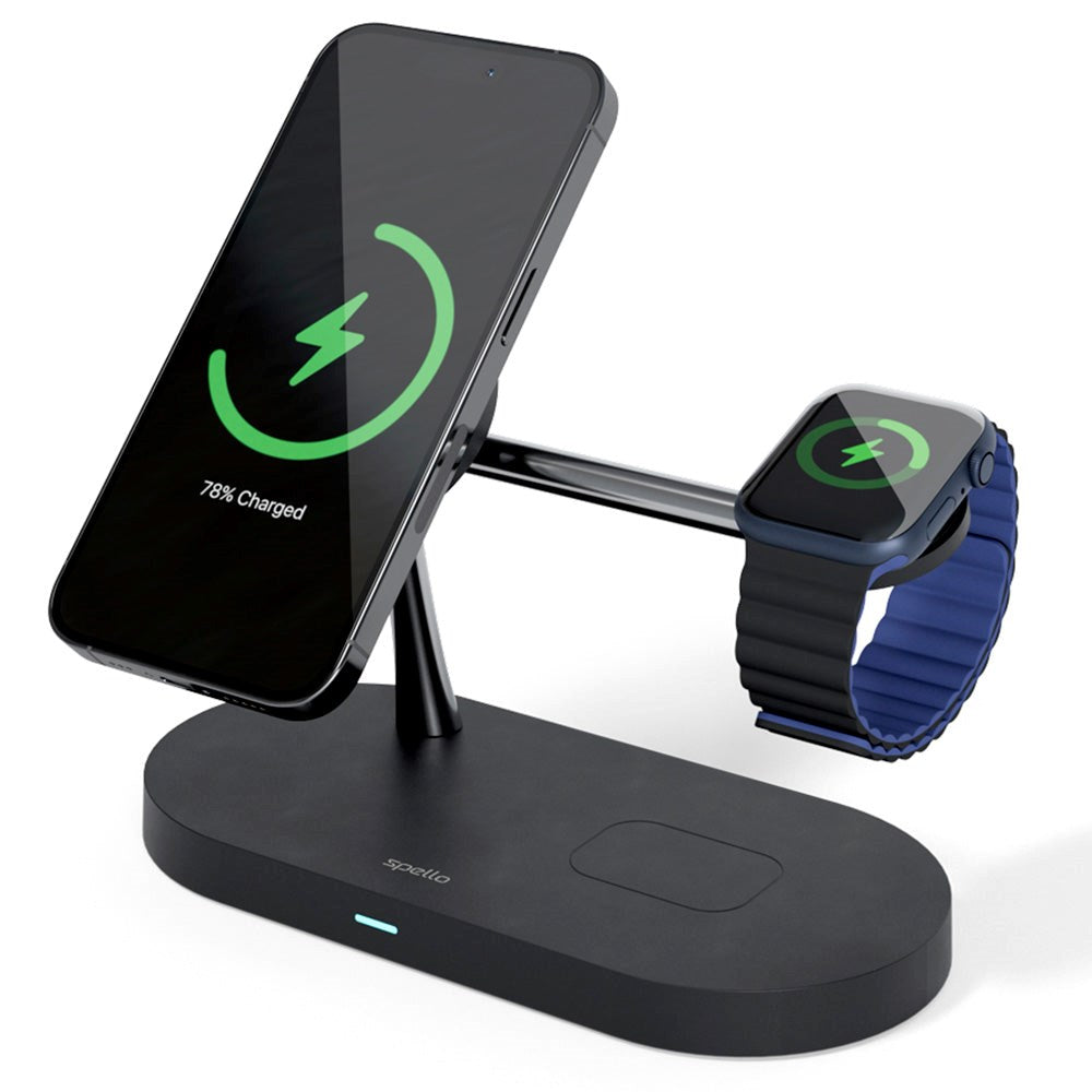 Spello 3-i-1 magnetisk trådløs lader 15W - MagSafe-kompatibel - Svart