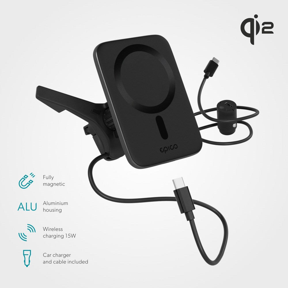 Epico Qi2 Mag+ Billader - 15W trådløs lading - MagSafe-kompatibel - Svart