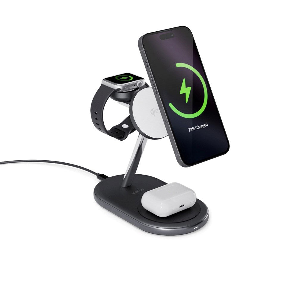 Epico 3-i-1 trådløs lader 15W m. USB-C til USB-C-kabel og PD-vegglader - MagSafe-kompatibel - Svart