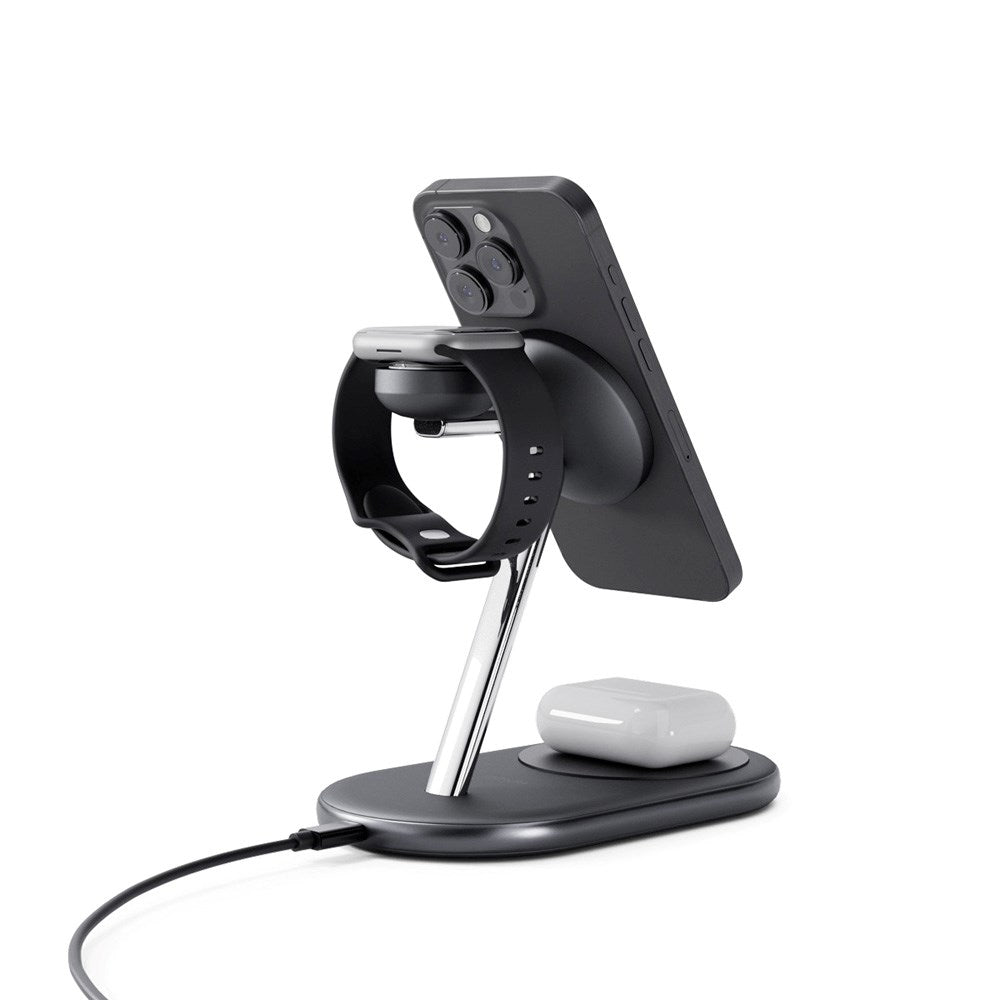 Epico 3-i-1 trådløs lader 15W m. USB-C til USB-C-kabel og PD-vegglader - MagSafe-kompatibel - Svart