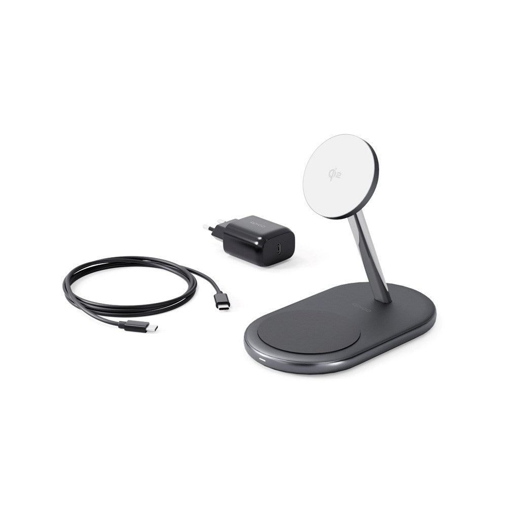 Epico 2-i-1 trådløs lader 15W m. USB-C til USB-C-kabel og PD-vegglader - MagSafe-kompatibel - Svart