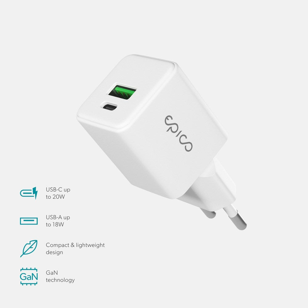 Epico UltraBoost GaN 20W Vegglader m. 1x USB-C / 1x USB-A - Hvit