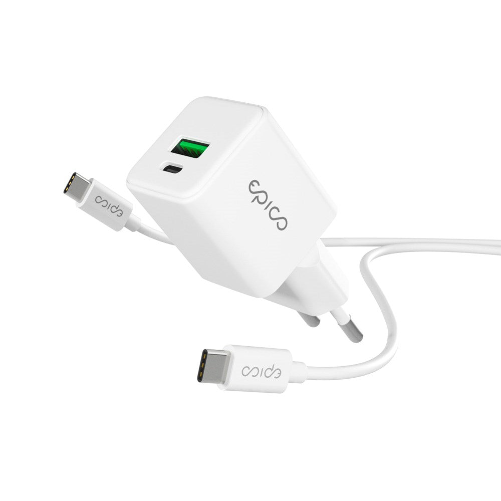 Epico UltraBoost GaN 20W vegglader - 1,2 m USB-C til USB-C-kabel - 1x USB-C / 1x USB-A - Hvit