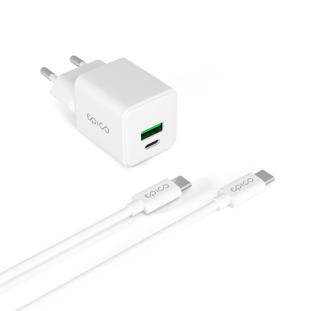 Epico UltraBoost GaN 20W vegglader - 1,2 m USB-C til USB-C-kabel - 1x USB-C / 1x USB-A - Hvit