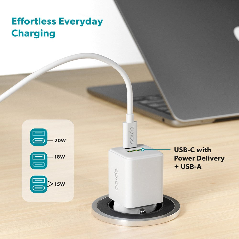 Epico UltraBoost GaN 20W vegglader - 1,2 m USB-C til USB-C-kabel - 1x USB-C / 1x USB-A - Hvit