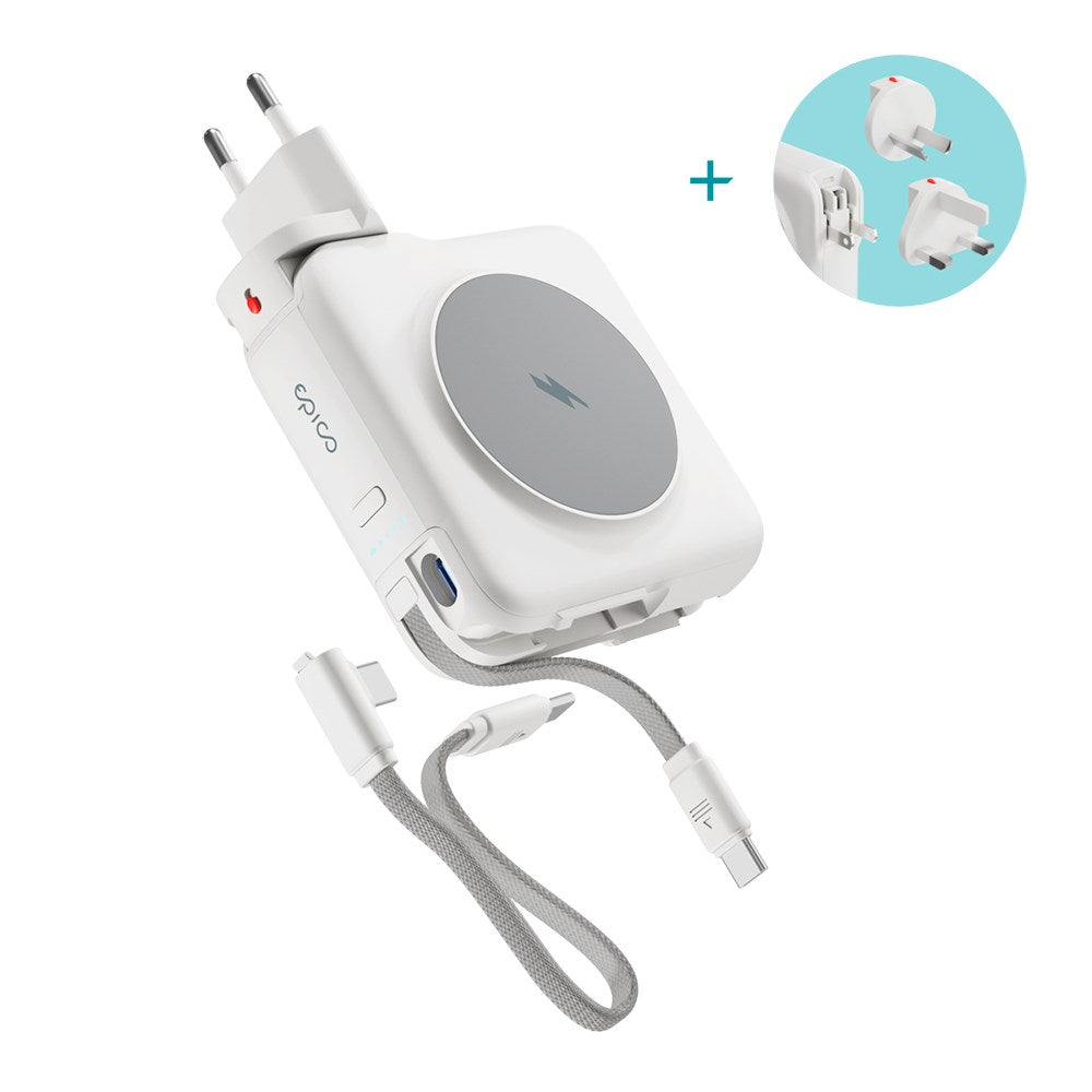 Epico 3-i-1 Rejse PowerBank - 10.000 mAh - MagSafe Kompatibel - Hvid