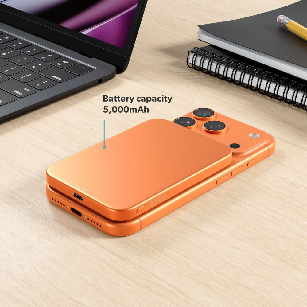 Epico 15W UltraPack EM51 5000 mAh Slim Alu Mag+ Power Bank - m. USB-C - Qi2 / MagSafe Kompatibel - Orange