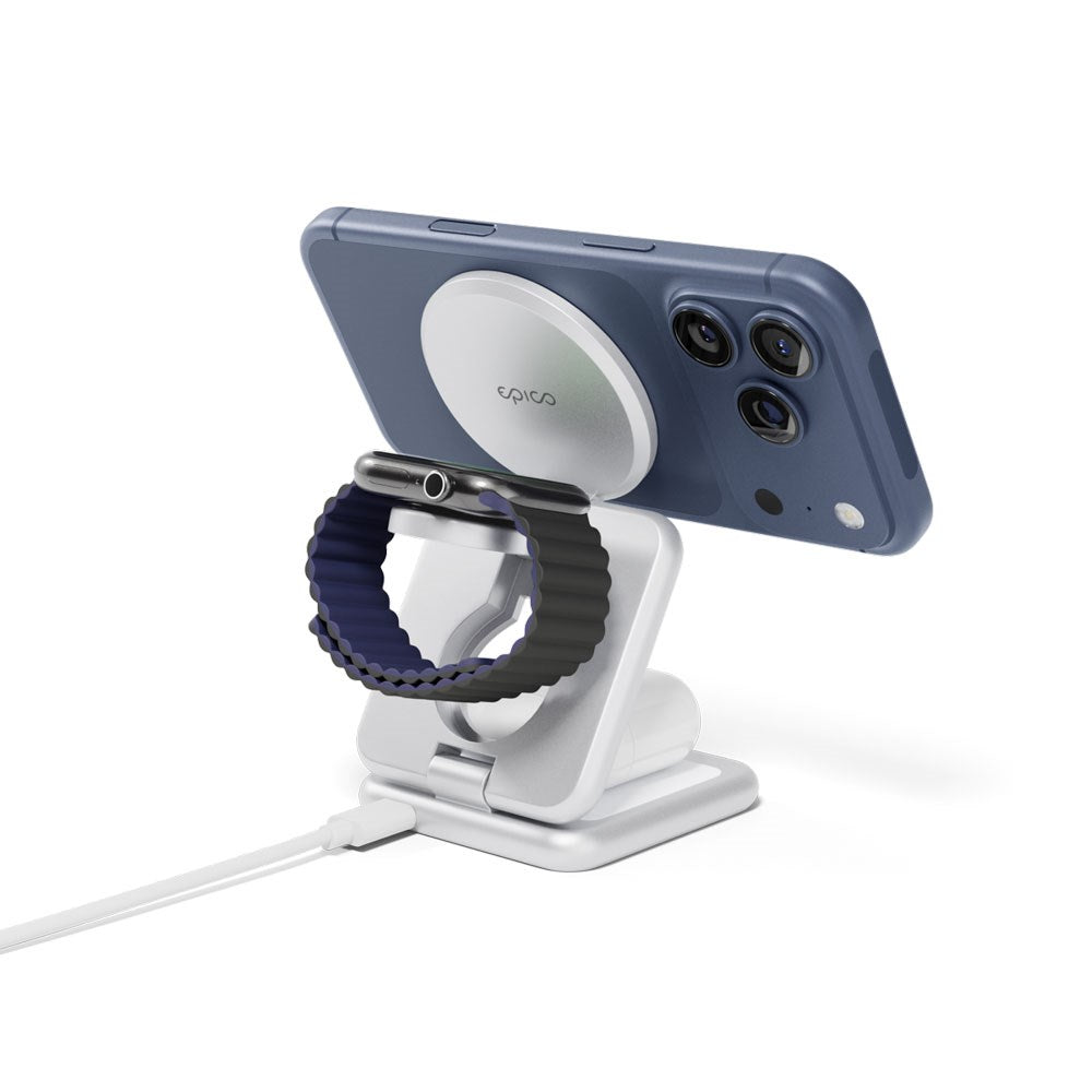 Epico UltraBase EF60 3-i-1 Fold Trådløs Oplader - 25W - Qi2 / MagSafe Kompatibel - Sølv