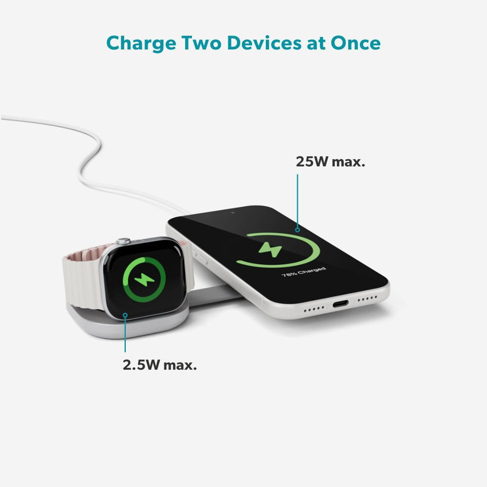 Epico UltraBase Trådløs Oplader - Foldbar - 25W - Smartphone / Apple Watch - MagSafe / Qi2 Kompatibel - Sølv