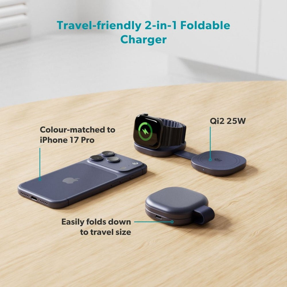 Epico UltraBase Trådløs Oplader - Foldbar - 25W - Smartphone / Apple Watch - MagSafe / Qi2 Kompatibel - Mørkeblå