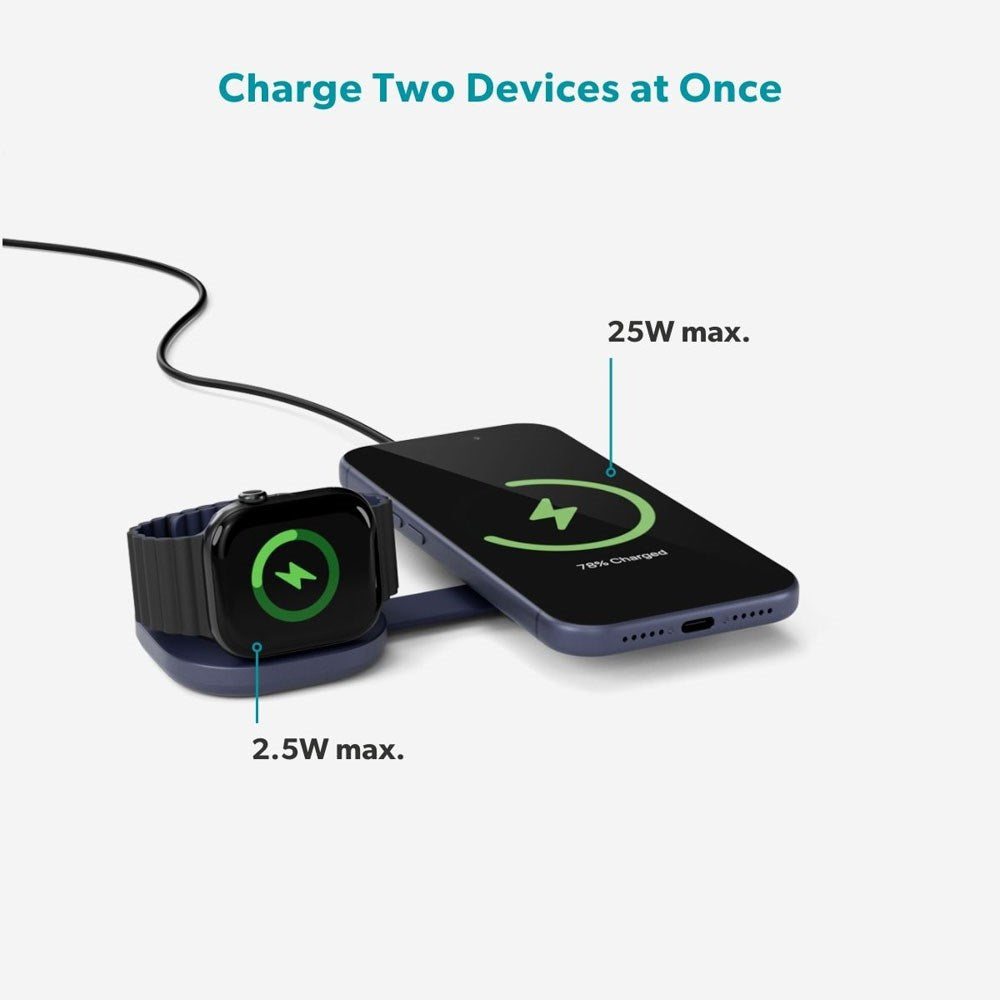 Epico UltraBase Trådløs Oplader - Foldbar - 25W - Smartphone / Apple Watch - MagSafe / Qi2 Kompatibel - Mørkeblå
