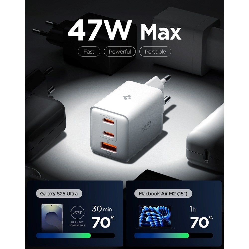 Spigen 47W Vægoplader - 2 x USB-C & 1 x USB-A - Hvid
