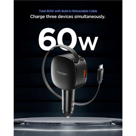 Spigen Essential 60W Biloplader - USB-C Kabel - 1 x USB-C - 1 x USB-A - Sort
