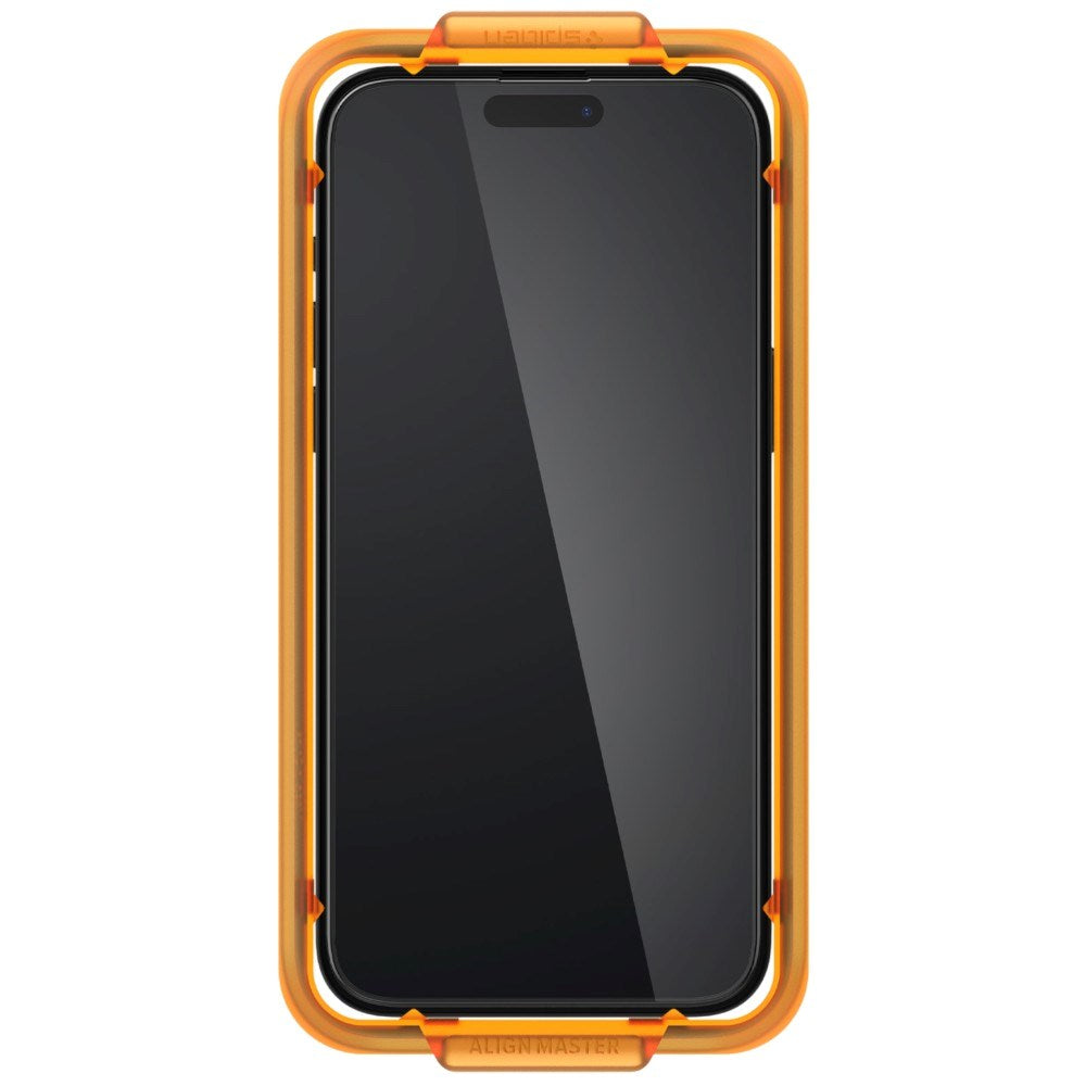 iPhone 15 Pro Spigen Skærmbeskyttelsesglas m. Monteringsramme - 2 stk - Gennemsigtig / Sort Kant