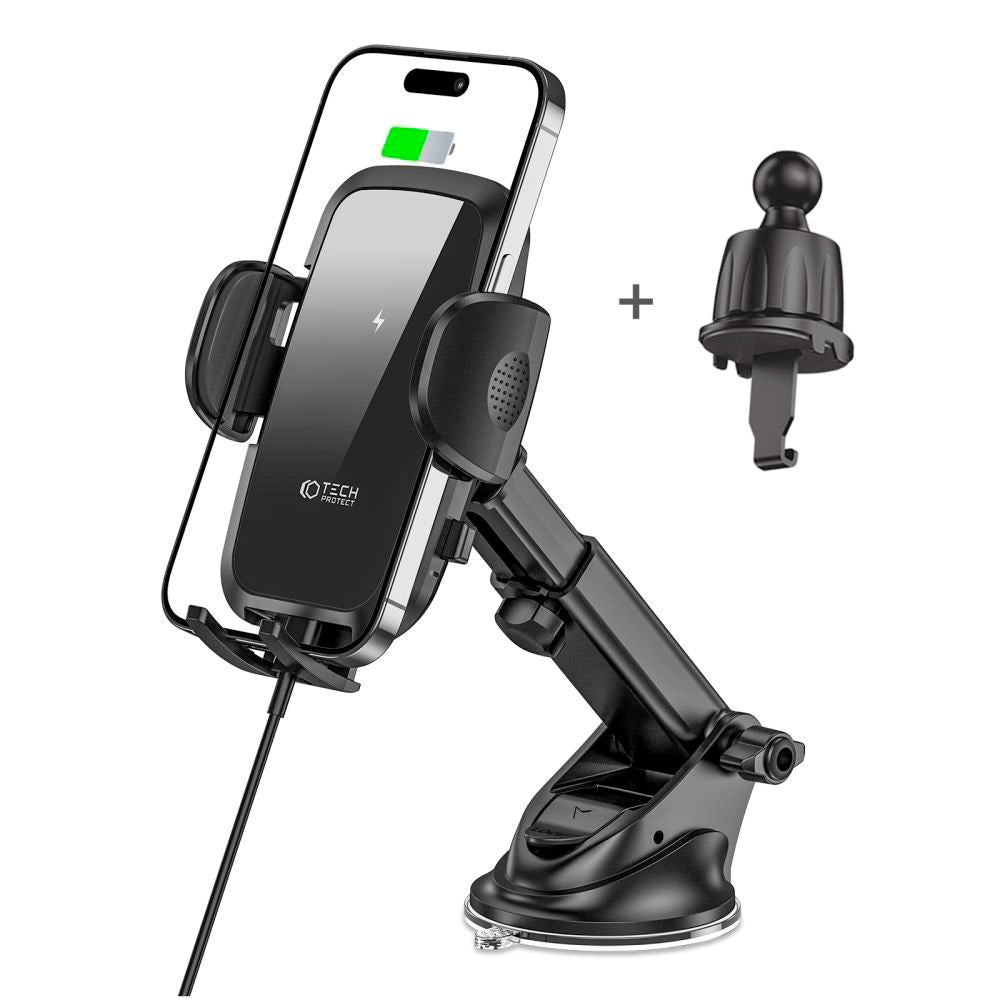 Tech-Protect mobilholder m. Trådløs lading for dashbord og luftventil - Max Mobile: 50 - 95 mm - Svart