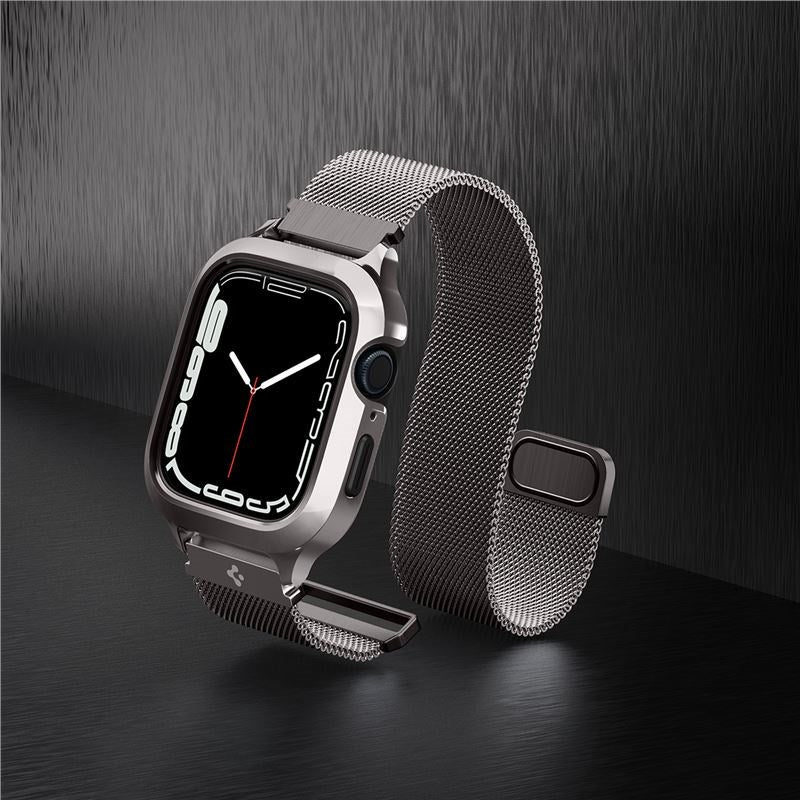 Apple Watch (44/45) Spigen Metal Fit Pro - Aluminium Cover og Rem af Rustfri Stål - Sort