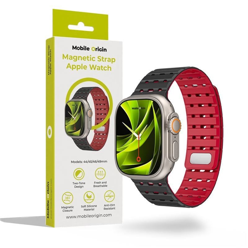 Mobile Origin Apple Watch (42/44/SE/45/46/49mm) Magnetisk Silikone Urrem - Sort / Rød