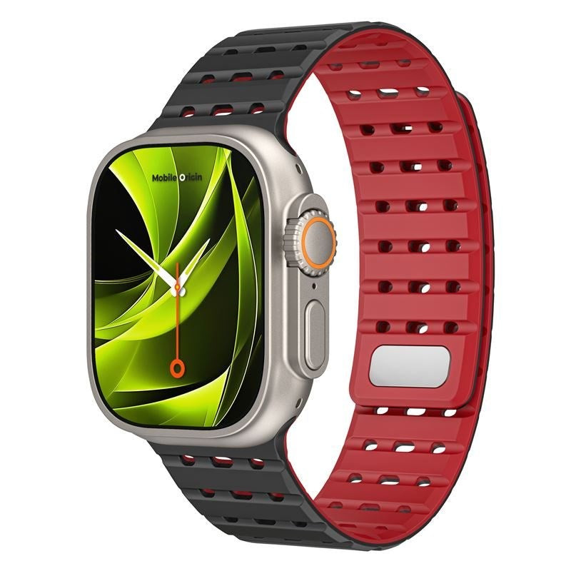 Mobile Origin Apple Watch (42/44/SE/45/46/49mm) Magnetisk Silikone Urrem - Sort / Rød