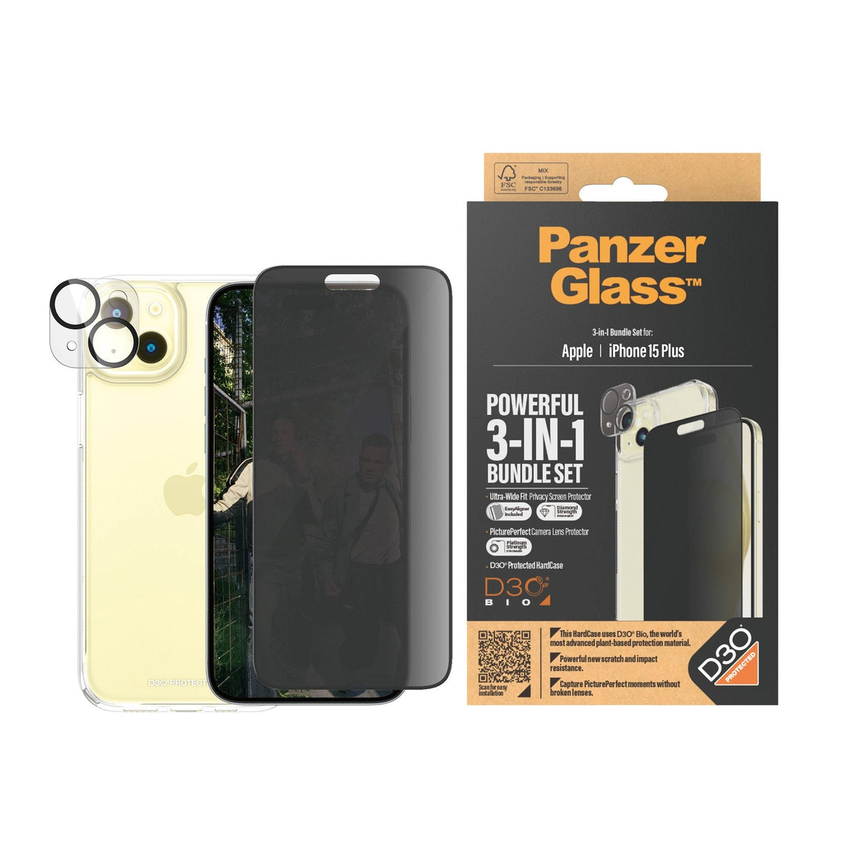 iPhone 15 Plus PanzerGlass 3-i-1-pakke m. EasyAligner - Privacy Screen Protector (UWF) / Bakdeksel / Kamerabeskyttelse - Gjennomsiktig / Svart