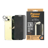 iPhone 15 Plus PanzerGlass 3-i-1-pakke m. EasyAligner - Privacy Screen Protector (UWF) / Bakdeksel / Kamerabeskyttelse - Gjennomsiktig / Svart