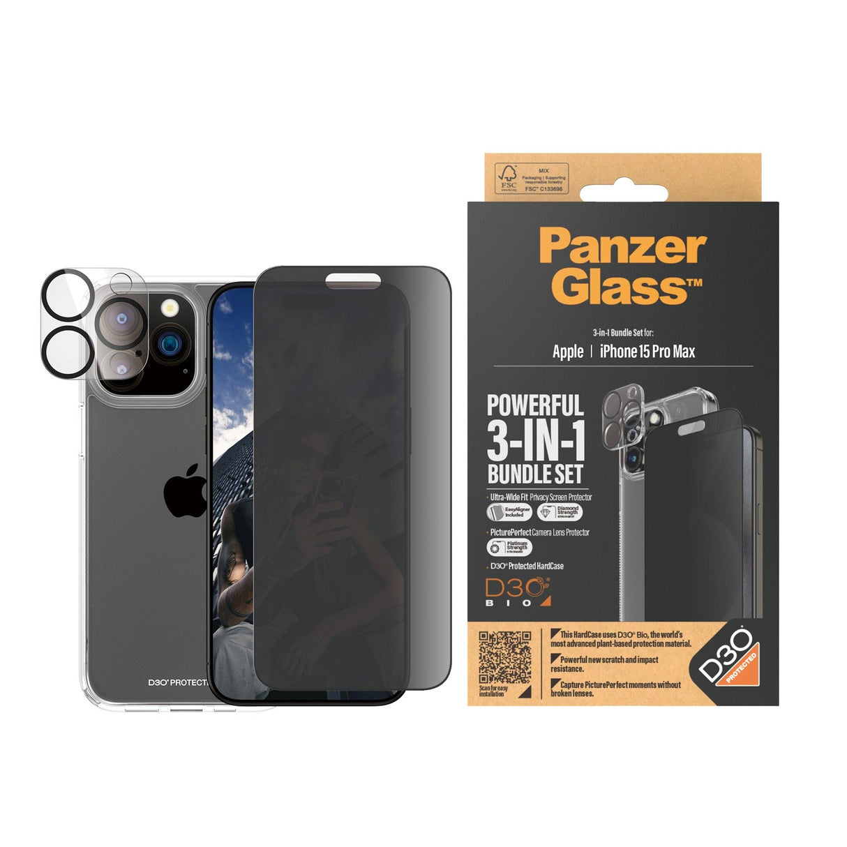 iPhone 15 Pro Max PanzerGlass 3-i-1-pakke m. EasyAligner - Privacy Screen Protector (UWF) / Bakdeksel / Kamerabeskyttelse - Gjennomsiktig / Svart