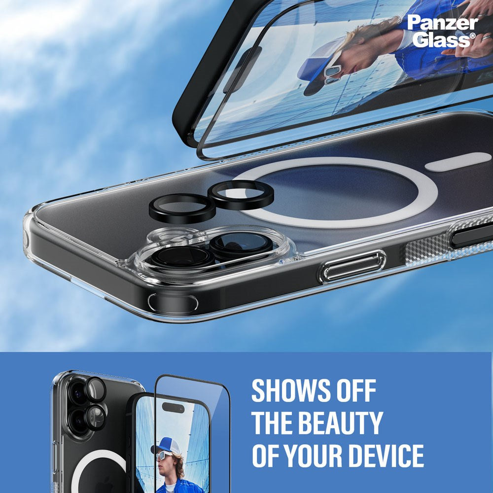 iPhone 16 PanzerGlass 3-i-1 Bundle m. EasyAligner - Skærmbeskyttelse (UWF) / Bagsidecover / Kamerabeskyttelse - Gennemsigtig / Sort