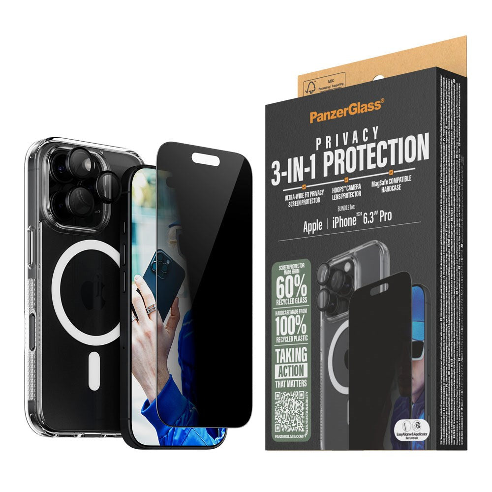 iPhone 16 Pro PanzerGlass 3-i-1-pakke m. EasyAligner - Privacy Screen Protector (UWF) / Bakdeksel / Kamerabeskyttelse - Gjennomsiktig / Svart