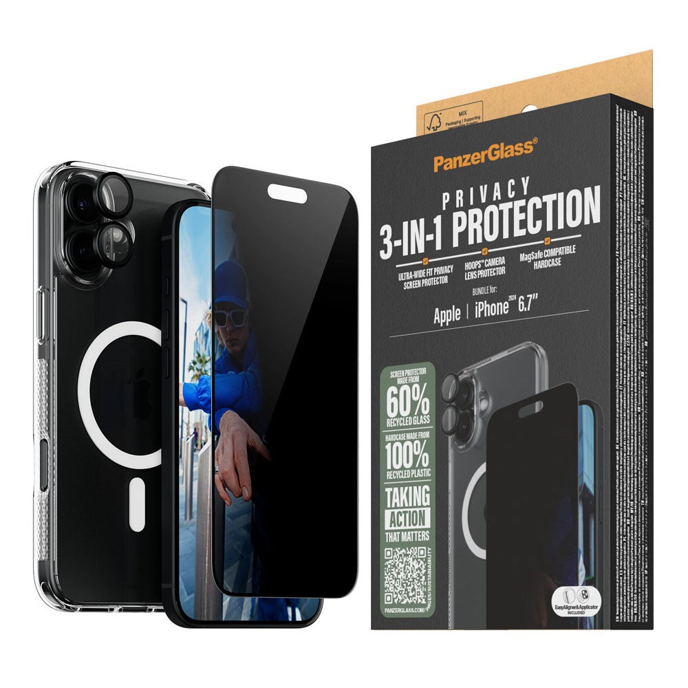 iPhone 16 Plus PanzerGlass 3-i-1-pakke m. EasyAligner - Privacy Screen Protector (UWF) / Bakdeksel / Kamerabeskyttelse - Gjennomsiktig / Svart
