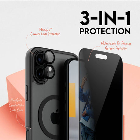 CARE By PanzerGlass iPhone 16 Plus 3-i-1 FLAGSHIP MagSafe Bundle - Privacy Screen Protector (UWF) / Bakdeksel / Kamerabeskyttelse - Gjennomsiktig / Svart