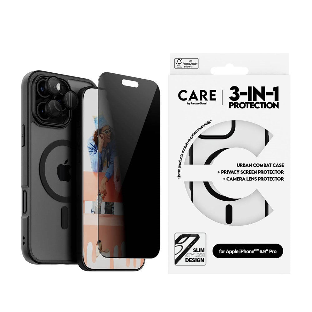 CARE By PanzerGlass iPhone 16 Pro Max 3-i-1 FLAGSHIP MagSafe Bundle - Privacy Skærmbeskyttelse (UWF) / Bagsidecover / Kamerabeskyttelse - Gennemsigtig / Sort